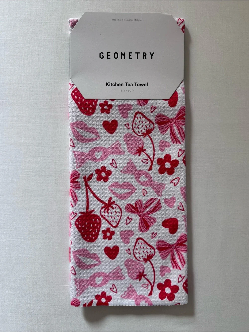 Tea Towel NWT, Pink & Red, Berries & Bows, Great for Gift, Sustainable/Recycled